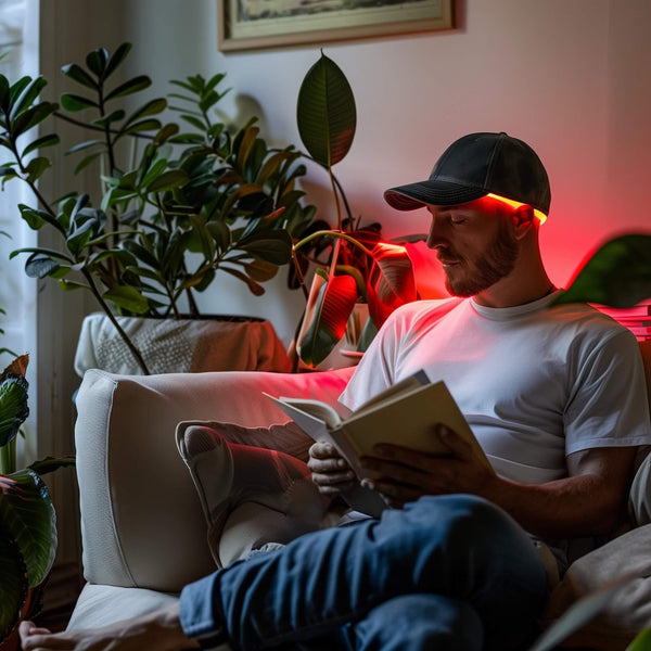 Pessoa fazendo LED Terapia capilar enquanto lê um livro