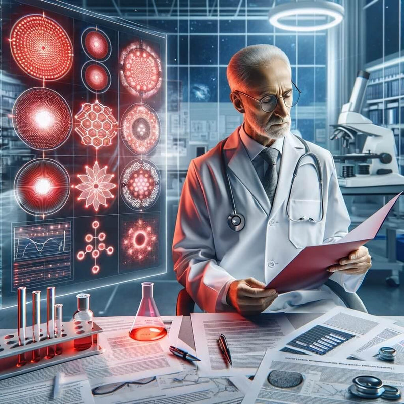 Cientista de jaleco analisando dados de terapia LED em um ambiente de laboratório moderno.