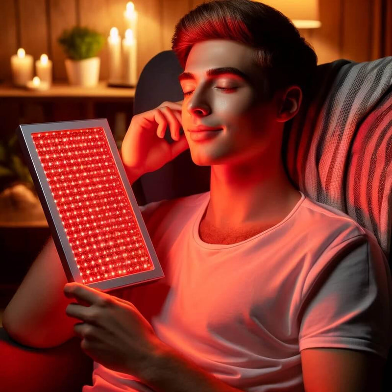 Pessoa sentada em uma poltrona confortável usando um painel de terapia LED no rosto com luz vermelha, relaxando enquanto faz o tratamento.