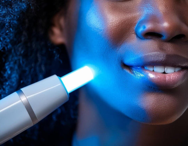 Close-up de uma pessoa usando um dispositivo de LED terapia azul para tratar espinhas no rosto.