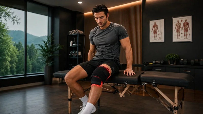Atleta utilizando faixa flexível de terapia de luz vermelha e infravermelha Vitalux na articulação do joelho operado durante sessão de recuperação em centro de fisioterapia esportiva.